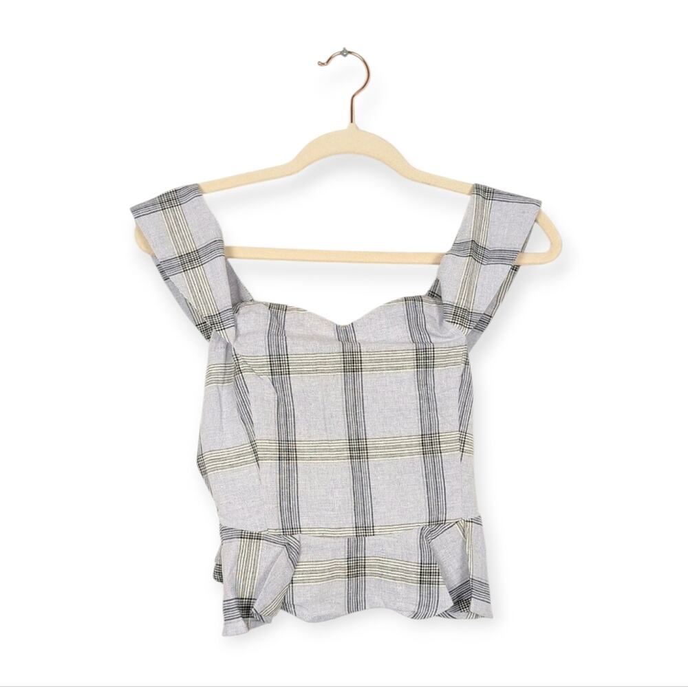 NWT Chriselle x J.O.A. Slate Blue Plaid Linen Blend Ruffle Hem Top Size S